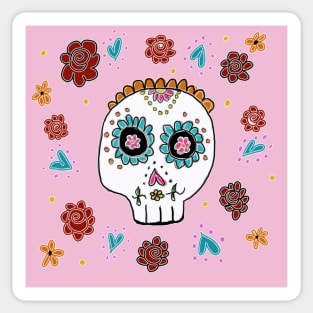 Sugar Skull and Roses pastel pink background Sticker